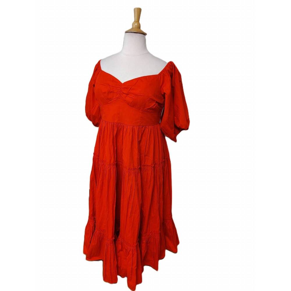 NEW ANTHROPOLOGIE PLUS women's off-the-shoulder puff sleeves maxi dress in red/r